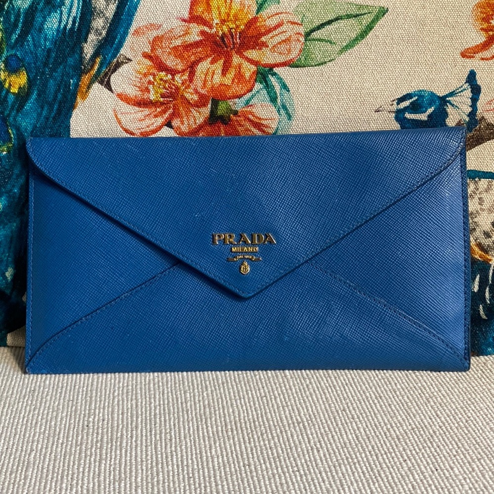 PRADA Document Case Saffiano Letter Leather Blue
